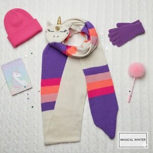 Kids Unicorn Scarf‎ Plush Head Winter Accessory Purple Pink Orange Cream OSFM